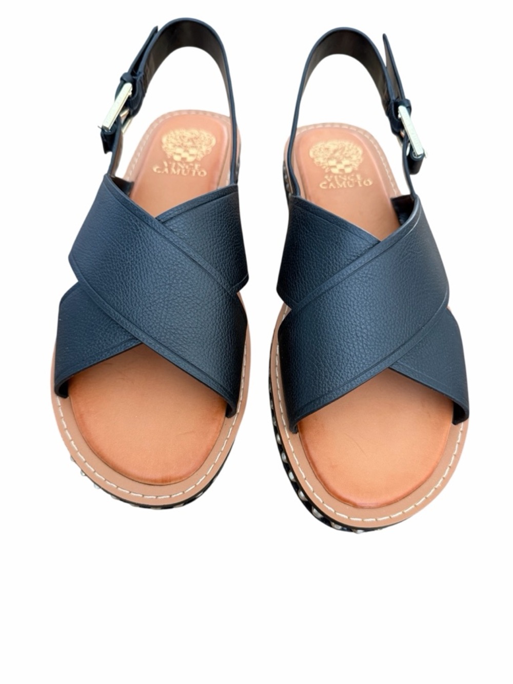 Vince Camuto Black Leather Cross-Strap Slingback Sandals with Stud Trim - Picture 2 of 8